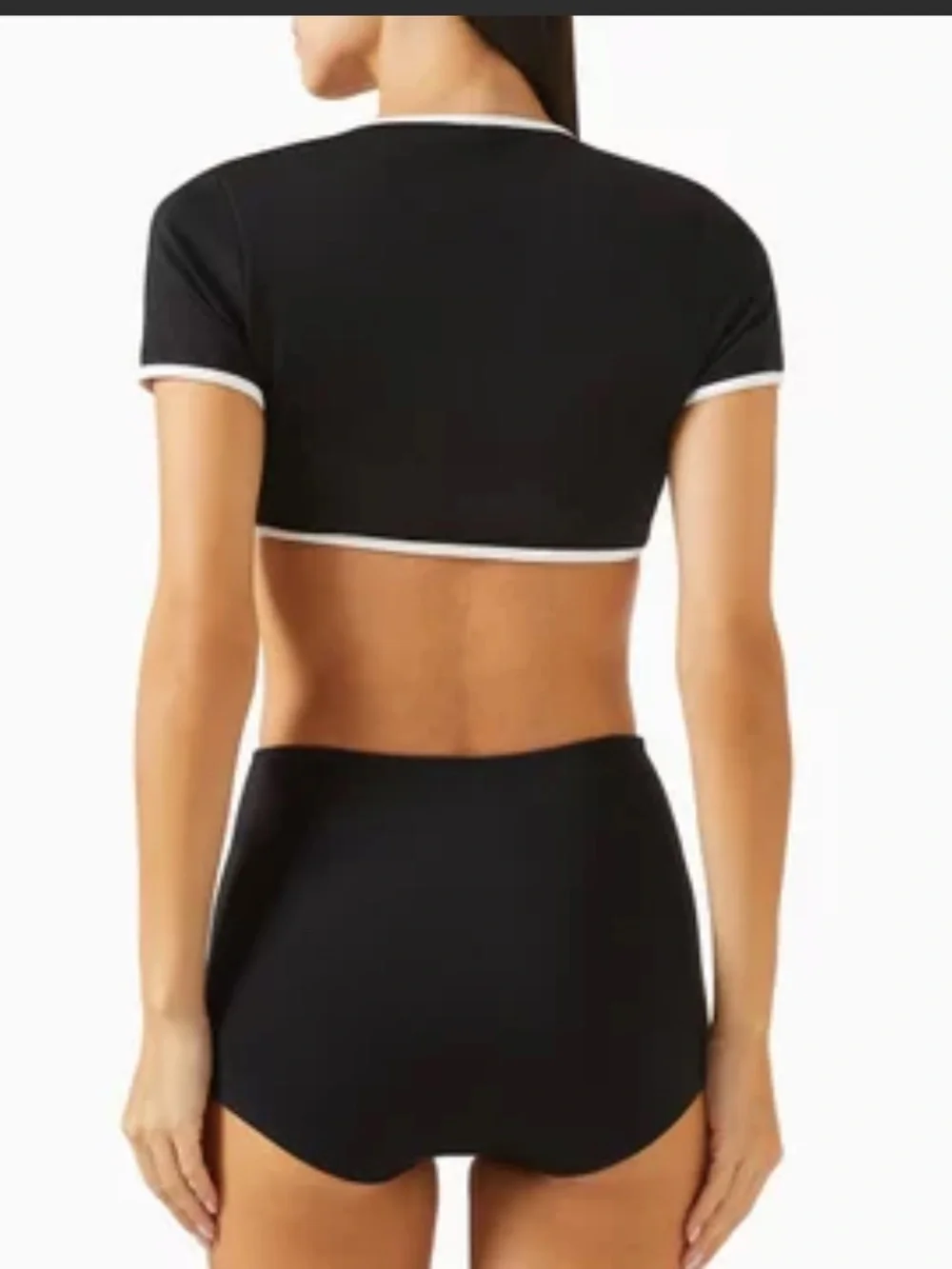 Good American Black Bikini Top with White Trim and Tie Front